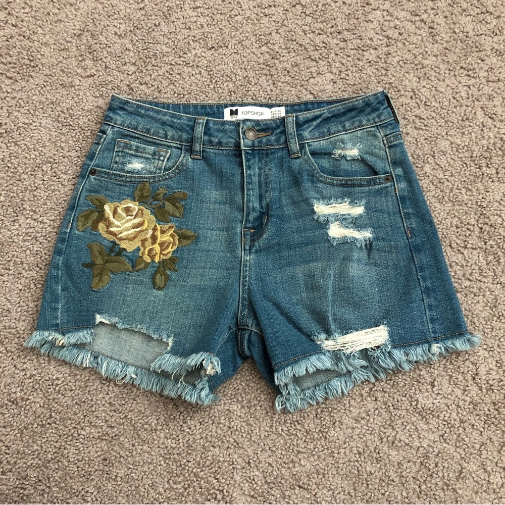 Topshop Petite Floral Embroidery Denim Shorts Womens 4
